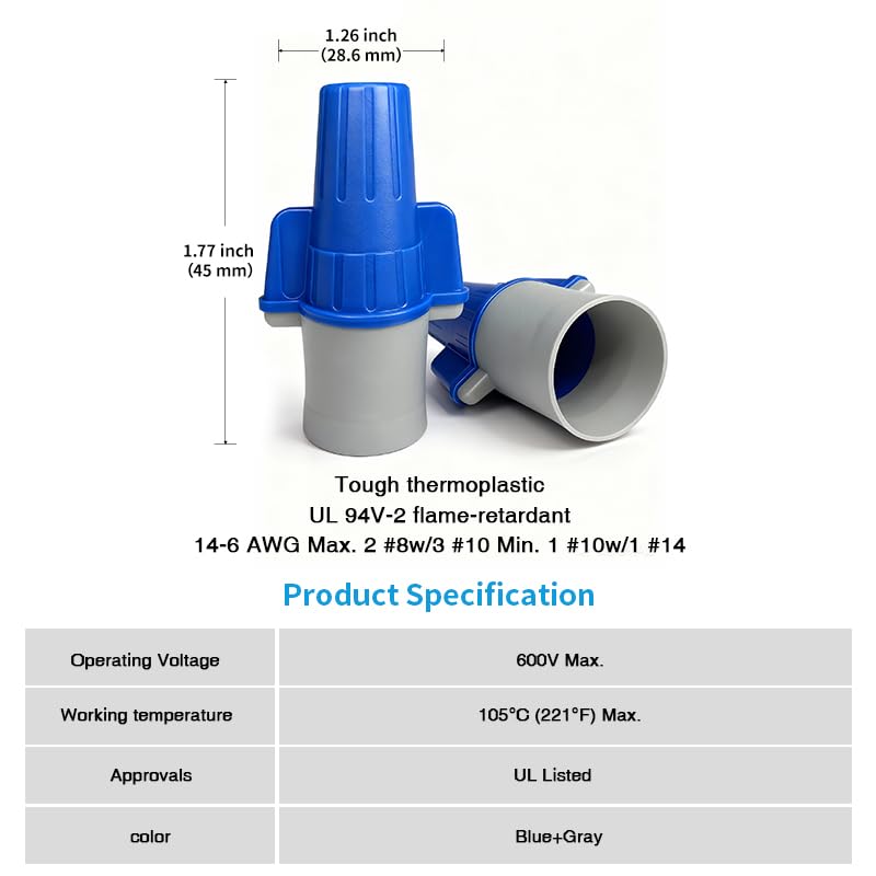 DICIO Winged Wire Connectors, Easy Twist-on Screw on Ribbed Cap for Quick Connection, Blue/Gray, Flexible Steel Spring Connectors, Copper, UL Listed, Pouch of 50, 14-6 AWG - Image 2